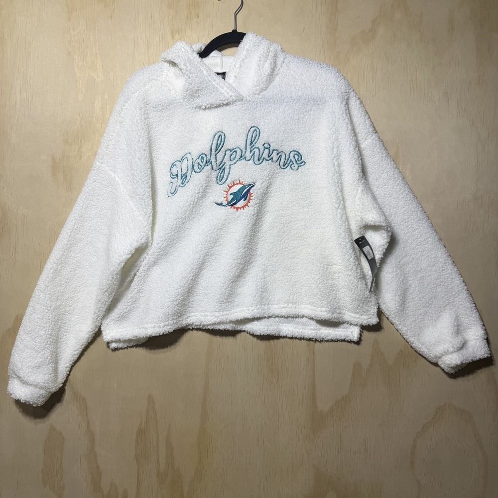 NFL Miami Dolphins Sherpa Hoodie Women XL White‎ Plush Crop Pullover